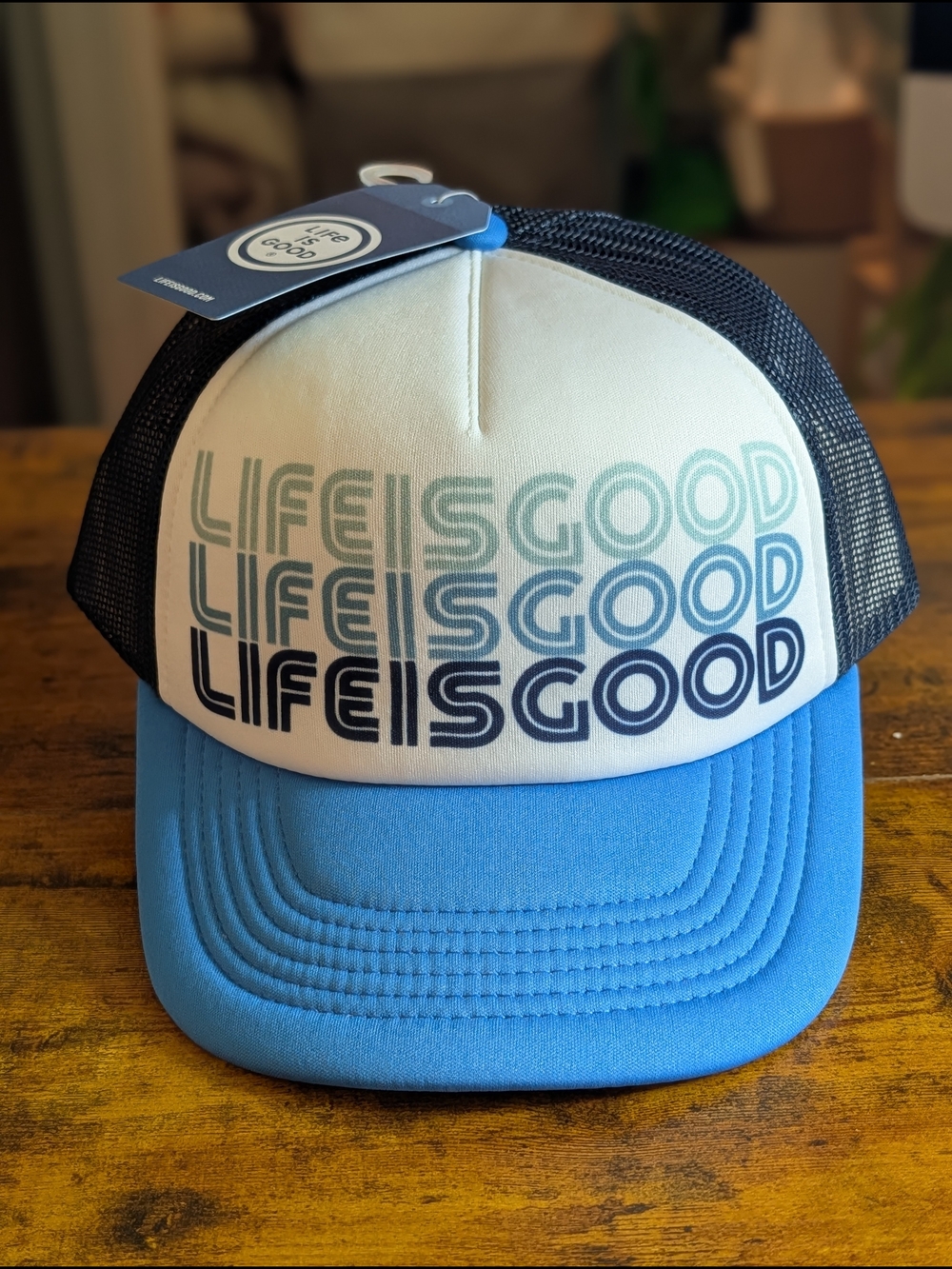 Life Is Good Retro LIG Stack Trucker Hat NWT Blue White Mesh Snapback OS